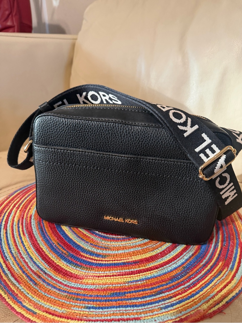 Michael Kors Black Pebbled Leather Crossbody with Logo Strap